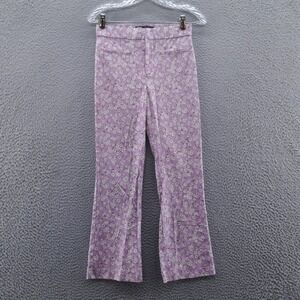 Zara Womens Cropped Kick Flare Pants Small Purple White Floral Stretch‎ Twill
